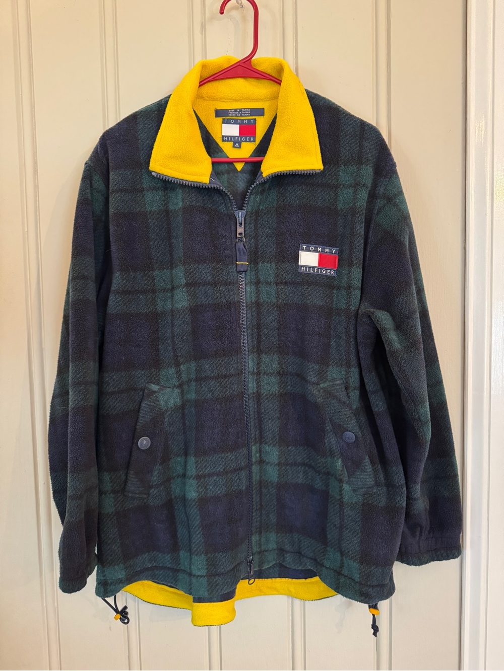 Vintage Tommy Hilfiger Men's Green Black Plaid Fleece Jacket Yellow Collar
